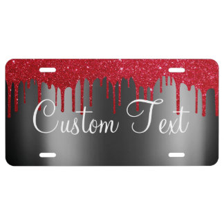 Monogram Black Red Metallic Faux Glitter Drips License Plate