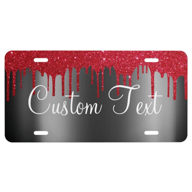 Monogram Black Red Metallic Faux Glitter Drips License Plate (Front)
