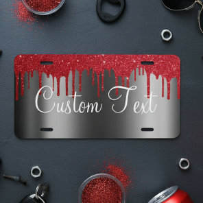 Monogram Black Red Metallic Faux Glitter Drips License Plate