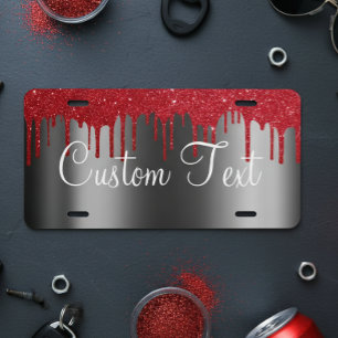 Monogram Black Red Metallic Faux Glitter Drips License Plate
