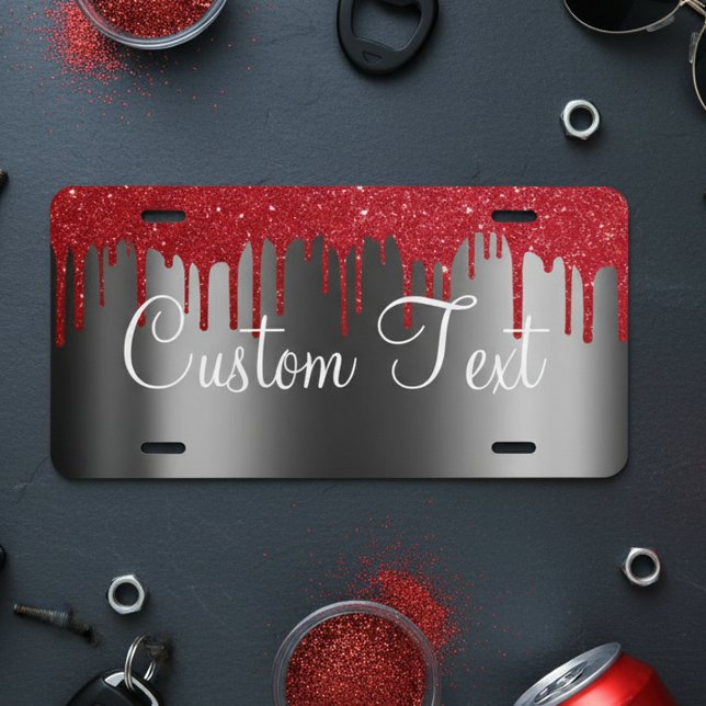 Monogram Black Red Metallic Faux Glitter Drips License Plate (Creator Uploaded)