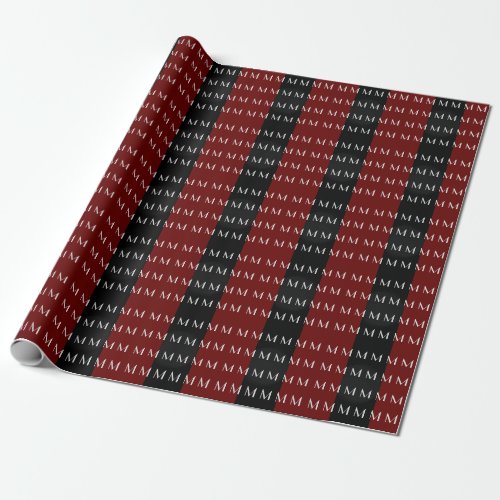 Monogram Black Red Modern Add Your Name Initial Wrapping Paper