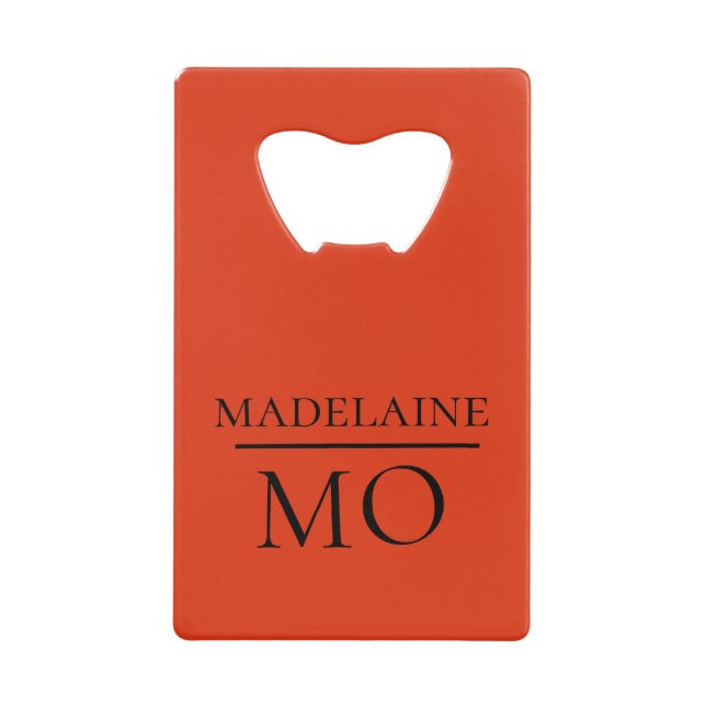 Monogram Black Red Personal Name Gift  Credit Card Bottle Opener (Front)
