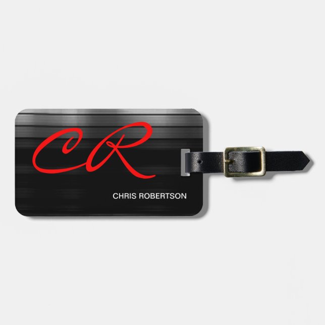 Monogram Black Red Plain Simple Modern Luggage Tag (Front Horizontal)