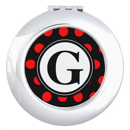 Monogram Black Red Polka Dots Compact Mirror