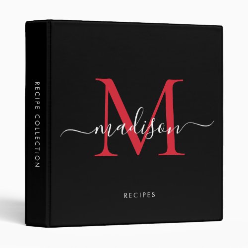 Monogram Black Red Script Name Kitchen Recipe 3 Ring Binder