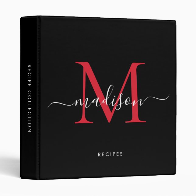 Monogram Black Red Script Name Kitchen Recipe 3 Ring Binder (Front/Spine)