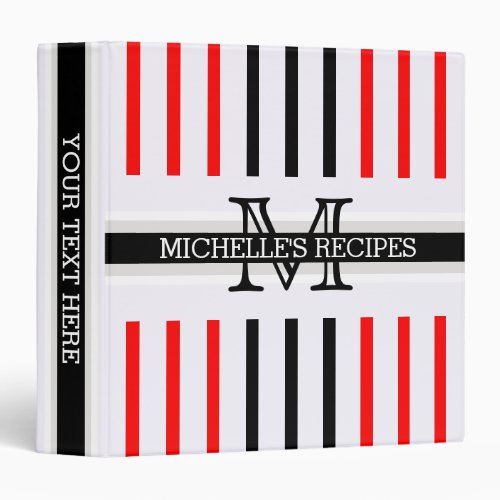 Monogram Black Red Stripes Pattern Recipes Binder