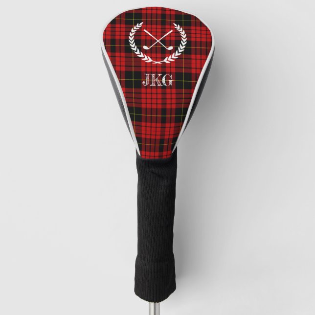 Monogram Black Red Wallace Tartan Plaid Golf Head Cover (Front)
