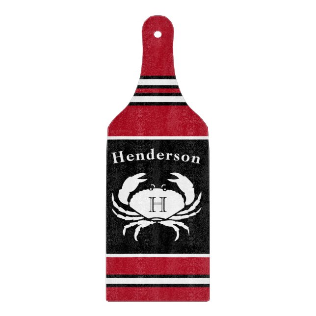 Monogram Black Red White Crab Nautical Cutting Cutting Board (Front)