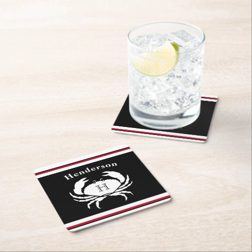 Monogram Black Red White Crab Nautical  Square Paper Coaster