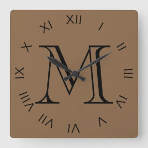 Monogram Black Roman Numbers On Brown wccn Square Wall Clock
