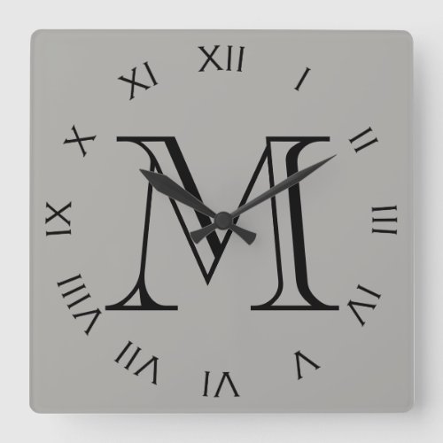 Monogram Black Roman Numbers On Gray wccnt Square Wall Clock