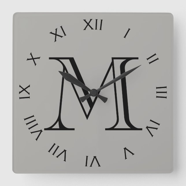 Monogram Black Roman Numbers On Gray wccnt Square Wall Clock (Front)