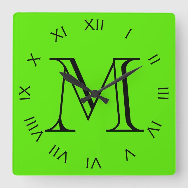 Monogram Black Roman Numbers On Green wct Square Wall Clock (Front)