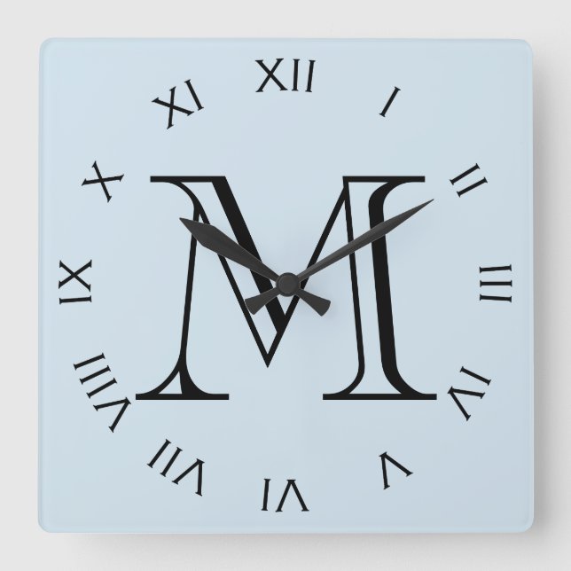 Monogram Black Roman Numbers On Pale Blue wccnt Square Wall Clock (Front)