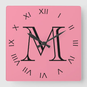 Monogram Black Roman Numbers On Pink wct Square Wall Clock