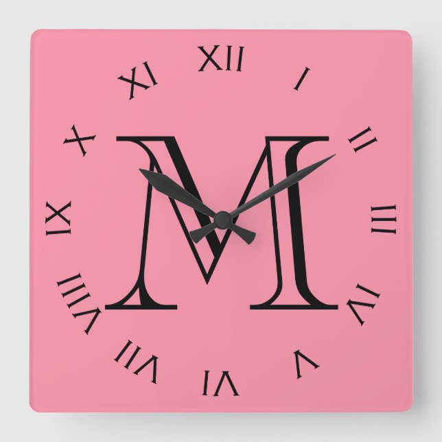 Monogram Black Roman Numbers On Pink wct Square Wall Clock (Front)