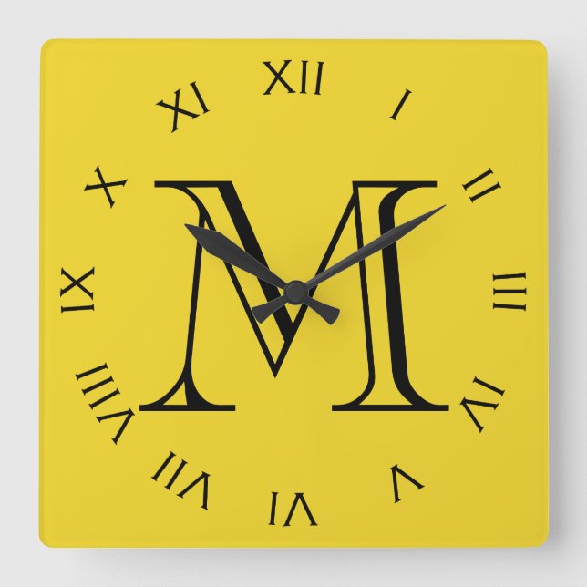 Monogram Black Roman Numbers On Yellow wccnt Square Wall Clock (Front)