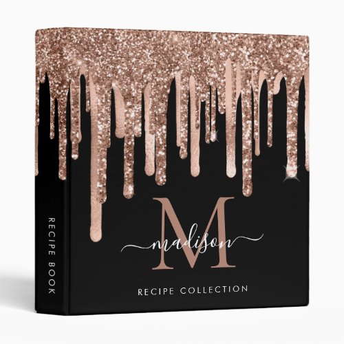 Monogram Black Rose Dripping Metal Glitter Recipe 3 Ring Binder