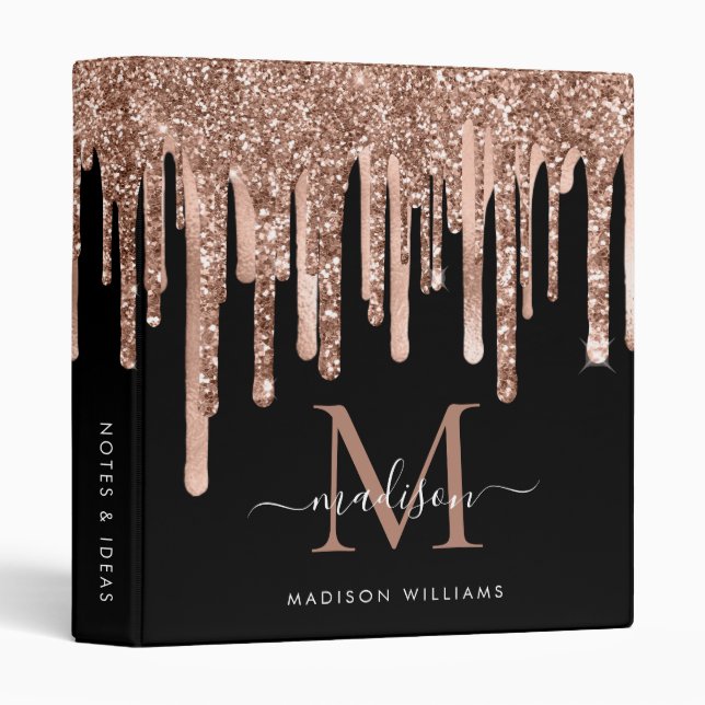 Monogram Black Rose Gold Dripping Metal Glitter 3 Ring Binder (Front/Spine)