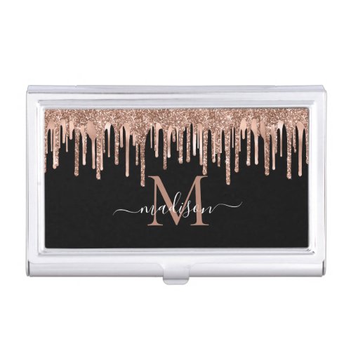 Monogram Black Rose Gold Dripping Metal Glitter  Business Card Case