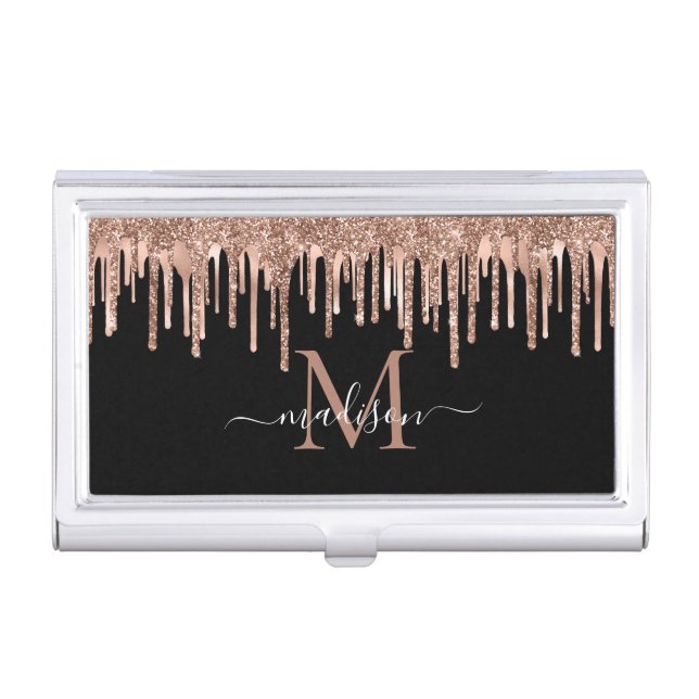 Monogram Black Rose Gold Dripping Metal Glitter  Business Card Case (Front)