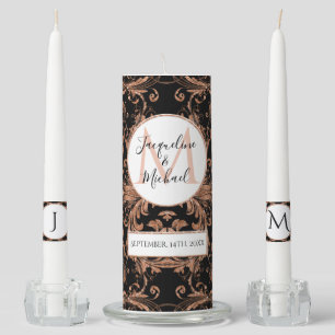 Monogram Black Rose Gold Elegant Names Wedding Unity Candle Set