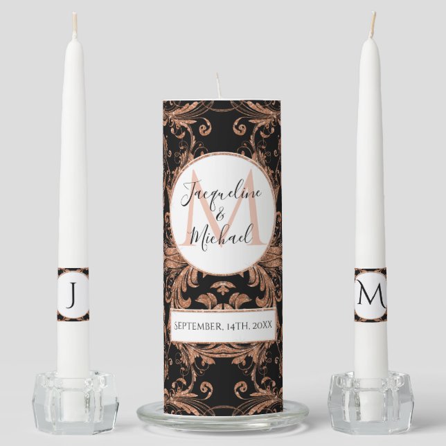 Monogram Black Rose Gold Elegant Names Wedding Unity Candle Set (Front)
