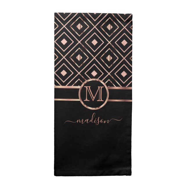 Monogram Black / Rose Gold in a Geometric Pattern Cloth Napkin (Half Fold)