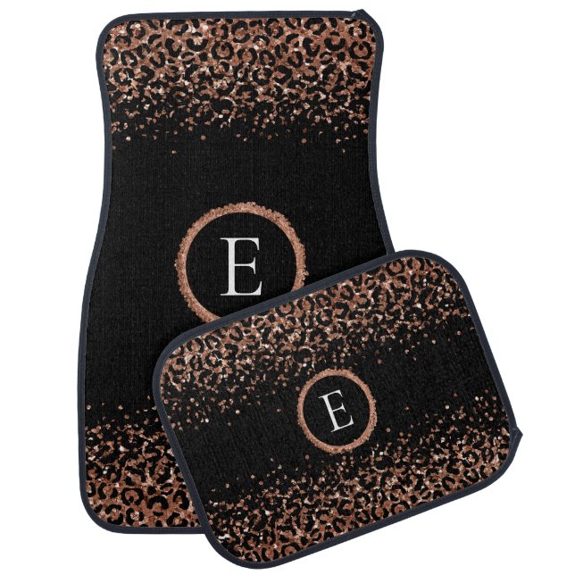 Monogram Black Rose Gold Leopard Print Car Floor Mat (Set)