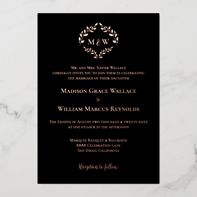 Monogram Black Rose Gold  Luxe Elegant Crest  Foil Invitation (Front)