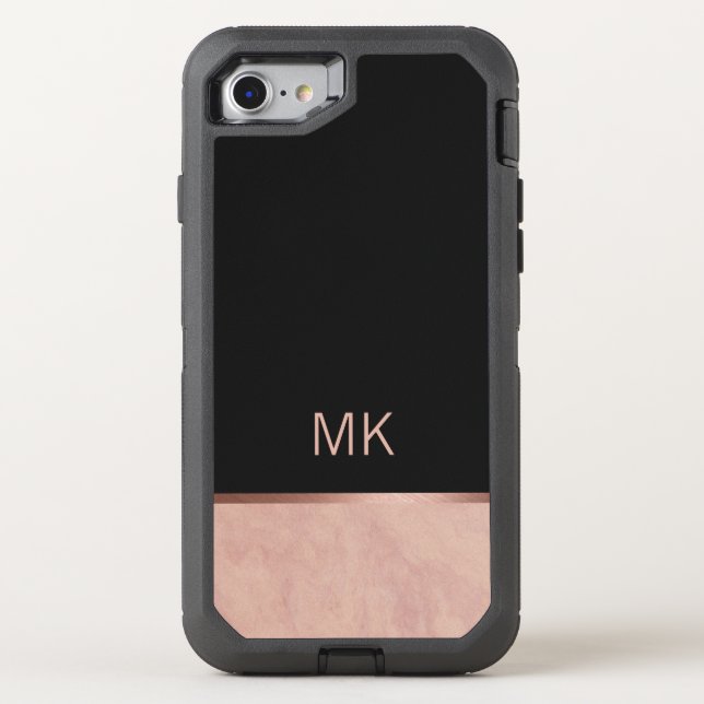 Monogram Black Rose Pink Gold Marble Otterbox iPhone Case (Back)