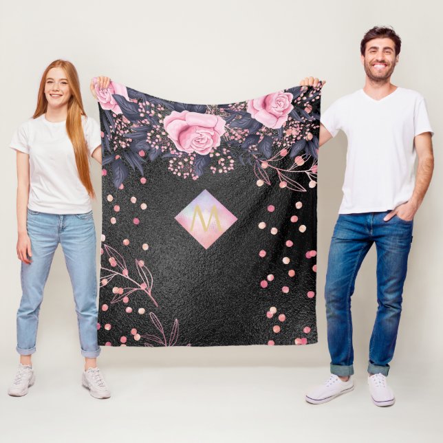 Monogram Black ROSEGOLD Pink Metallic Glitter Girl Fleece Blanket (In Situ)