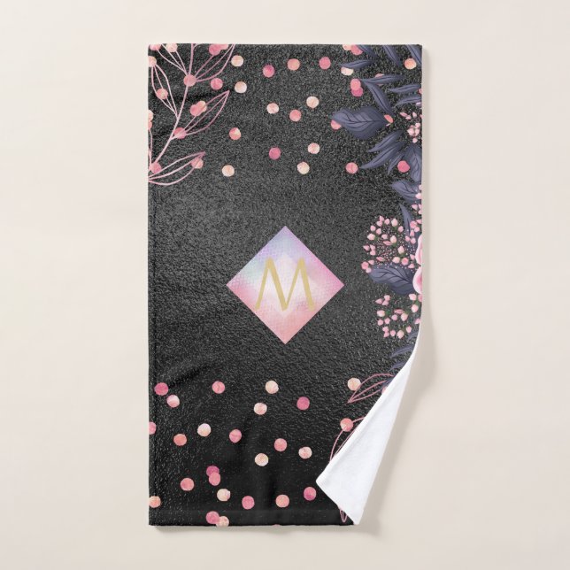 Monogram Black ROSEGOLD Pink Metallic Glitter Girl Hand Towel (Hand Towel)