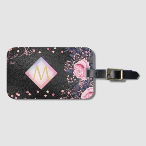 Monogram Black ROSEGOLD Pink Metallic Glitter Girl Luggage Tag