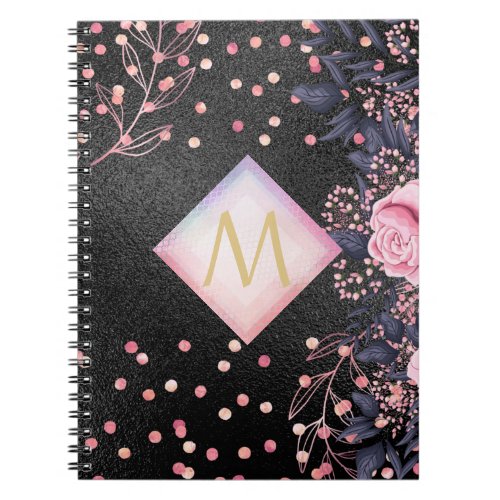 Monogram Black ROSEGOLD Pink Metallic Glitter Girl Notebook