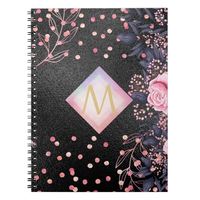 Monogram Black ROSEGOLD Pink Metallic Glitter Girl Notebook (Front)