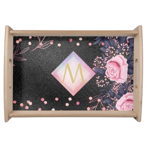 Monogram Black ROSEGOLD Pink Metallic Glitter Girl Serving Tray