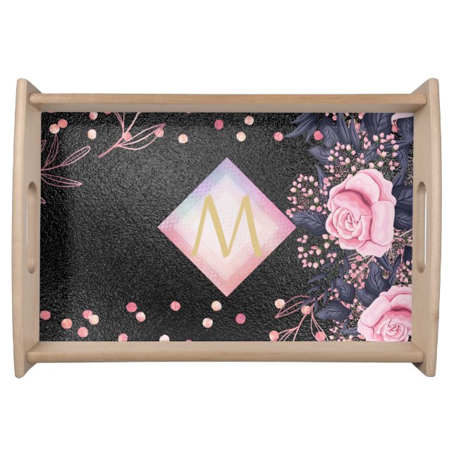 Monogram Black ROSEGOLD Pink Metallic Glitter Girl Serving Tray (Front)