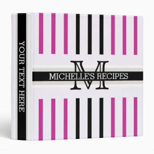 Monogram Black Royal Fuchsia Stripe Pattern Recipe 3 Ring Binder