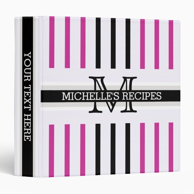 Monogram Black Royal Fuchsia Stripe Pattern Recipe 3 Ring Binder (Front/Spine)