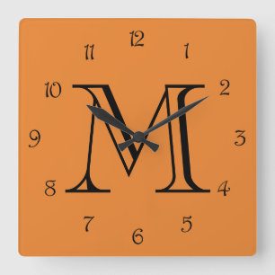 Monogram Black Script Numbers On Orange wccnt Square Wall Clock