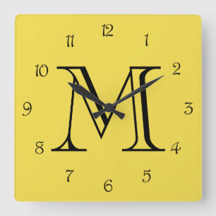 Monogram Black Script Numbers On Yellow wccn Square Wall Clock
