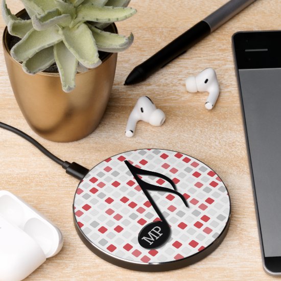 Monogram Black Semi Quaver Red Gray Mosaic Wireless Charger