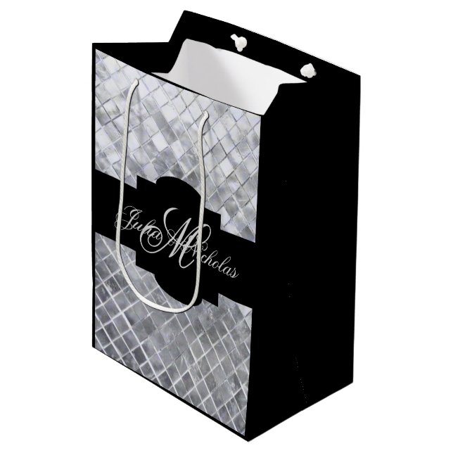 Monogram Black & Silver 25th Anniversary Gift Bag (Front Angled)