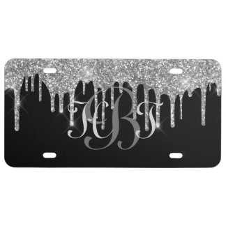 Monogram Black Silver Drip Glitter License Plate