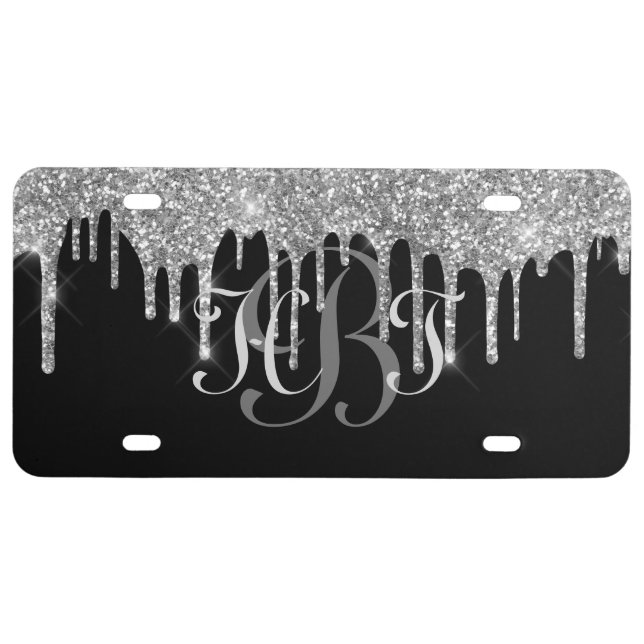 Monogram Black Silver Drip Glitter License Plate (Front)
