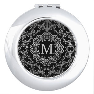 Monogram Black & Silver Filigree Motif Compact Mirror For Makeup