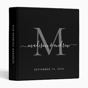 Monogram Black Silver Gray Script Wedding Album 3 Ring Binder
